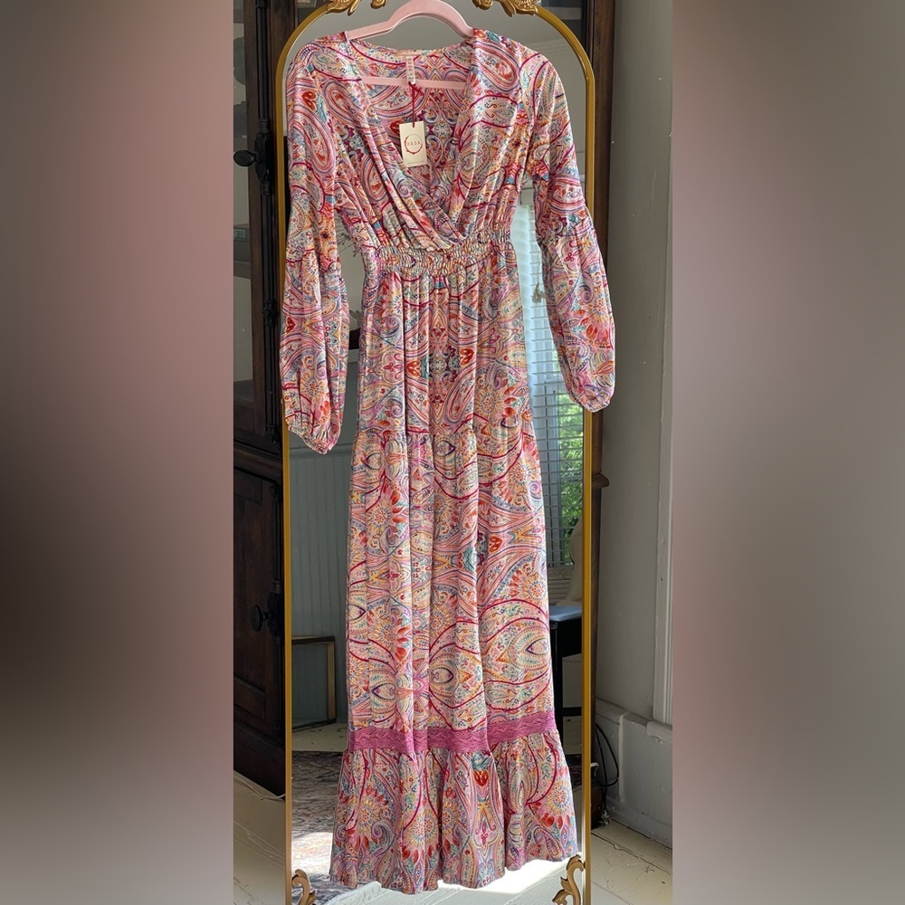 NWT Raga Multicolor Paisley Ruffle Hem Boho Maxi Dress with Pink Lace Accent